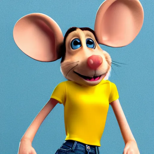 Image similar to 3 d render, portrait, headshot, closeup, anthropomorphic mouse, female, wearing denim short shorts and a off yellow tank top shirt, in the style of flushed away