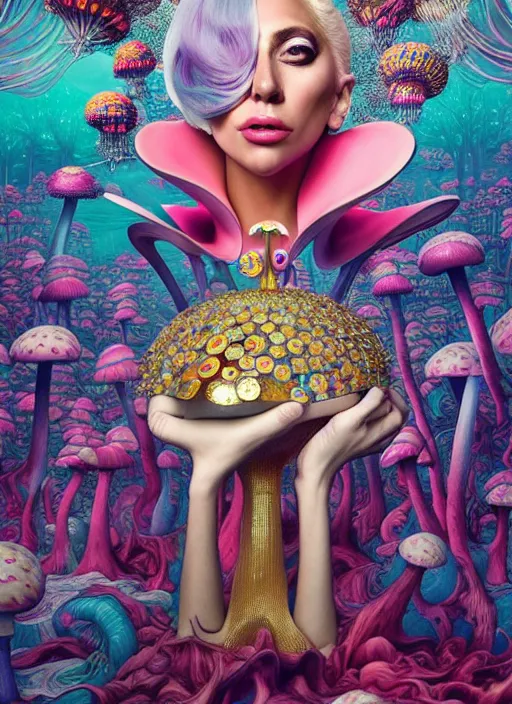 Image similar to lady gaga with futuristic mushroom : : by martine johanna and simon stalenhag and chie yoshii and casey weldon and wlop : : ornate, dynamic, particulate, rich colors, intricate, elegant, highly detailed, vogue, harper's bazaar art, fashion magazine, smooth, sharp focus, 8 k, octane render,