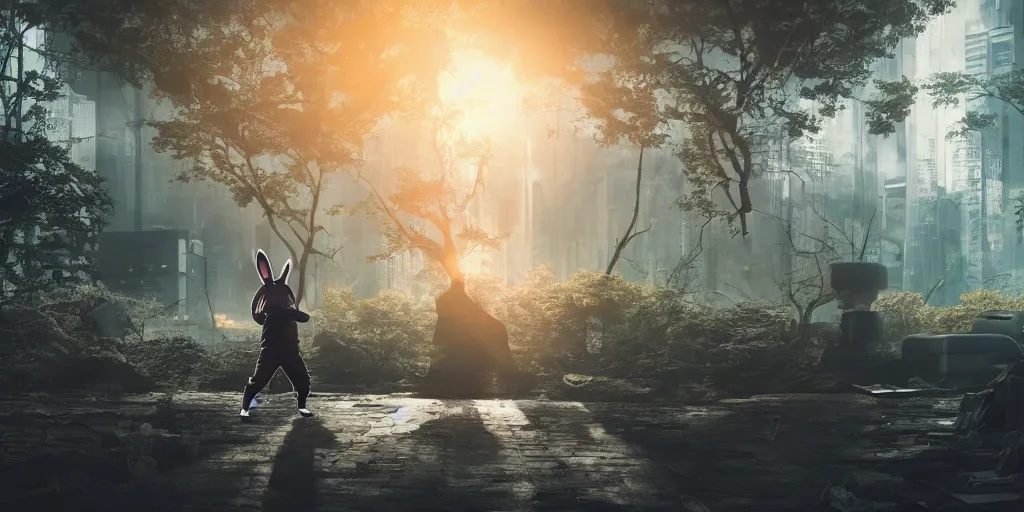 Image similar to A rabbit practicing kung fu in a space suit in a subway full of trees with a cyberpunk temple outside the window, sunset with falling leaves, Tyndall rays, light through the mist, dramatic lighting, photorealistic, cinematic lighting, high detail, cinematic feel, high octane, 4K, Unreal Engine, digital render, intricate, ultra realistic, concept art