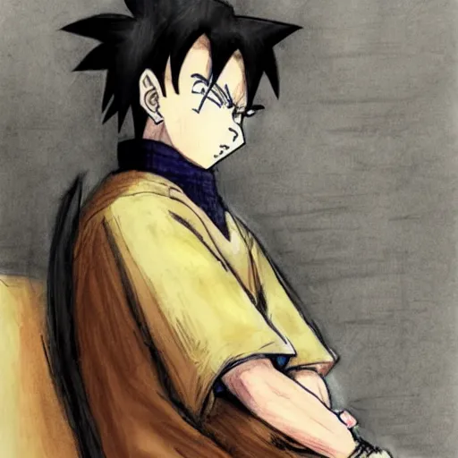 Image similar to young man in naruto costume and with saiyan hair on a trial in a court, courtroom sketch