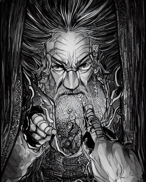 Image similar to An old man looking into a mirror, black and white, fantasy art, in the style of masami kurumada, illustration, epic, fantasy, intricate, hyper detailed, artstation, concept art, smooth, sharp focus, ray tracing