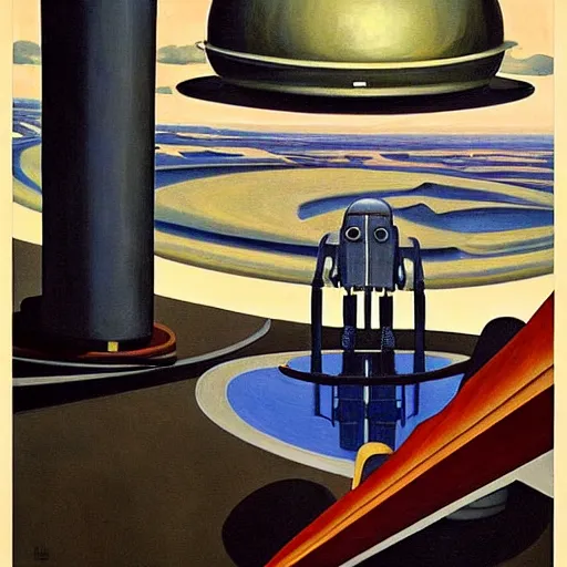 Prompt: robot overlords, spaceship bridge interior, view of earth, blue and gray, pj crook, edward hopper, oil on canvas