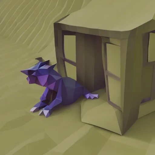 Prompt: a low poly creature inviting you into its house