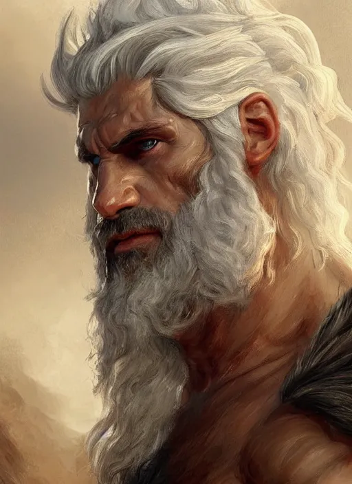 Image similar to painted portrait of rugged zeus, greek god, white hair, masculine, mature, handsome, upper body, muscular, hairy torso, fantasy, intricate, elegant, highly detailed, digital painting, artstation, concept art, smooth, sharp focus, illustration, art by gaston bussiere