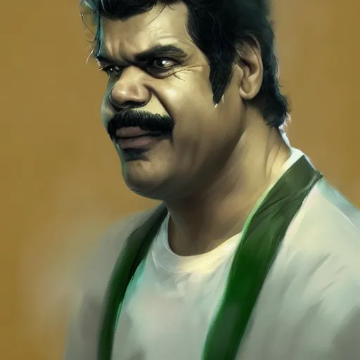 Image similar to hyper realistic, realistic - anime, portrait, beautifully rendered, luis guzman as luigi wearing green, smirking deviously, nintendo's luigi, painted by greg rutkowski, wlop, artgerm, dishonored 2,