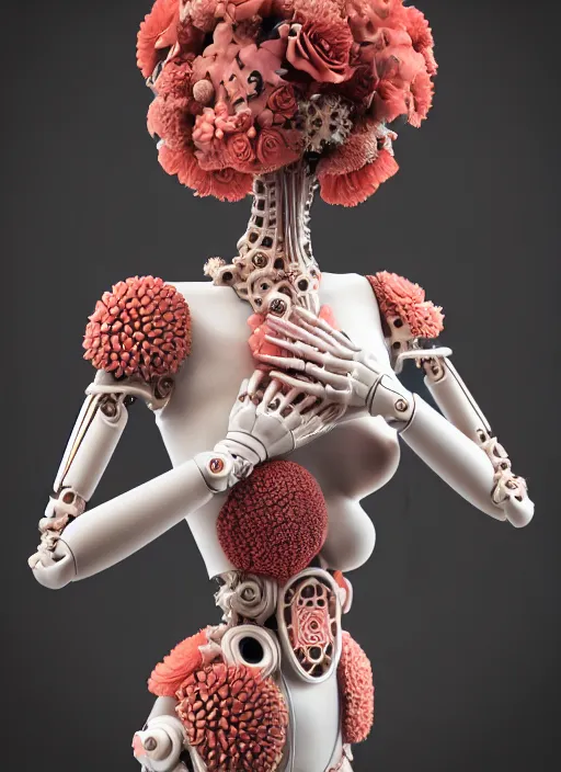 Image similar to biomechanical mannequin carrying perfume enchanted coral kingdom made of corals, daisies, roses in an ivory room well contoured smooth fair walls, up close shot, sharp focus, global illumination, radiant light, alexandre ferra white mecha, irakli nadar, octane highly render, 4 k, ultra hd,