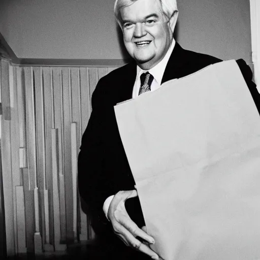 Prompt: Former House Speaker Newt Gingrich holding a big bag of money. CineStill