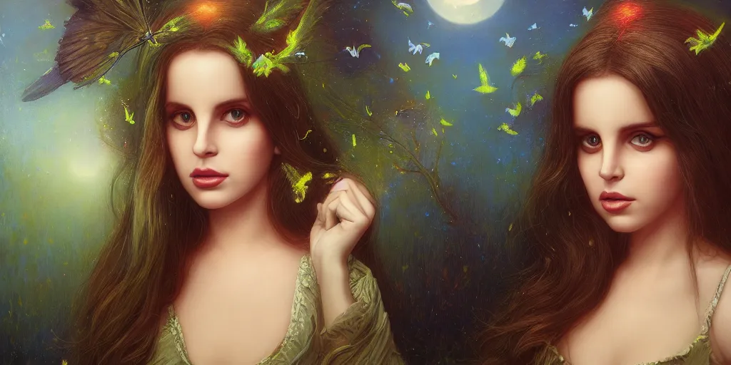 Image similar to big-eyed Lana Del Rey staring into the camera, sundown misty firefly wisps, Lilia Alvarado, Sophie Anderson, Mark Arian, Bob Byerley, Charlie Bowater, Mark Brooks, Steve Henderson, Justin Gerard, Arthur Hughes, Edward Robert Hughes, Mark Keathley, Victor Nizovtsev, Carlos Shwabe, Ross Tran, WLOP