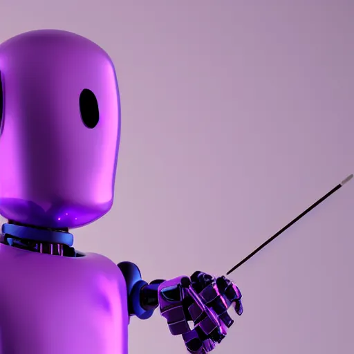 Image similar to a photorealistic 3 d render made in blender of a colourful friendly robot being poked by a man with a stick. background is a purple gradient