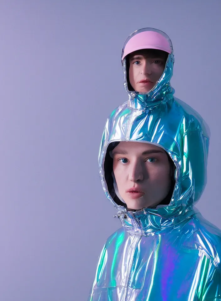 Image similar to an ultra high definition professional studio quality portrait photograph of a silver skinned android influencer wearing a transparent iridescent pastel coloured visor and matching wavey raincoat on white hook in a sheer icelandic black rock environment. three point light. dramatic lighting. volumetric shadows. light rays