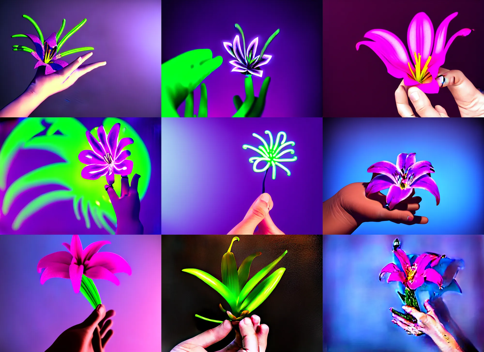 Prompt: hand holding on palm neon lily one flower, studio shot, black purple studio background, studio lighting, night dramatic lighting, trending on ArtStation, octane render, no surroundings, high detail, ray tracing, 4K, 8K, highly detailed, HDR