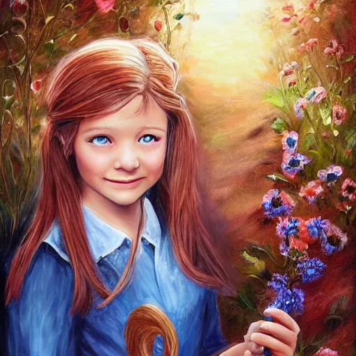 Image similar to the blacksmits’ daughter, working in the forge, Blue eyes, a smile at her face, fantasy art in the style of Lilia Alvarado,