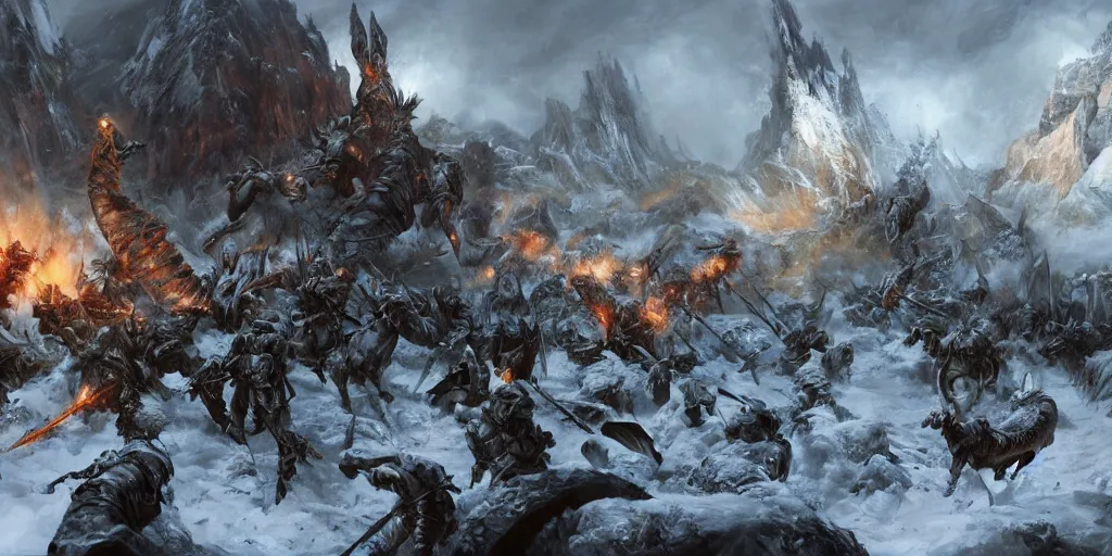 Prompt: craig mullins detailed digital painting of a battle scene, mounted paladins versus a frost dragon from the computer game master of magic ( 1 9 9 4 ), cinematic shot, very detailed, maximalism, unreal engine, hyper realism, realistic shading, cinematic composition, blender render, octane render, hdr, detailed textures, photorealistic, very wide shot, 1 6 mm lens
