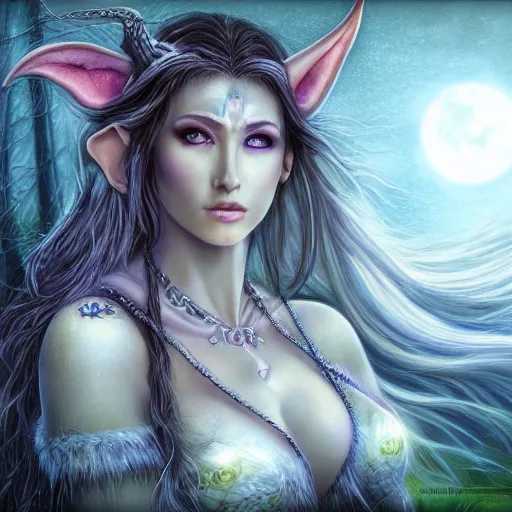 Image similar to masterpiece digital painting realistic portrait of beautiful tyrande whisperwind, 3 0 years woman, close face view, moonlight, elf forest background, at night, by luis royo, warcraft, artstation, deviantart, unreal engine, 8 k, cinematic lights