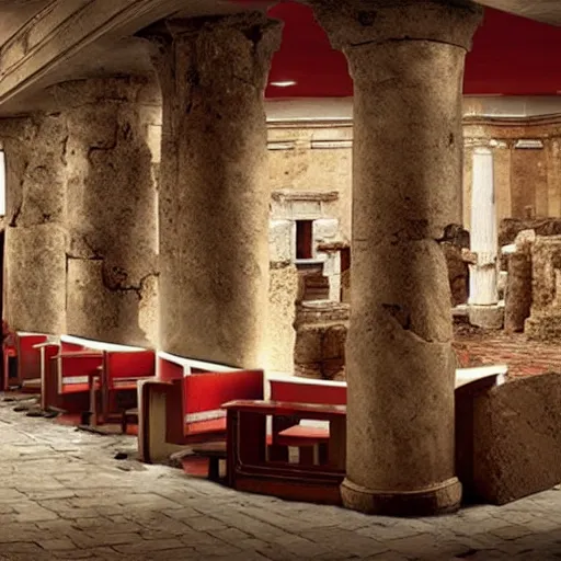 Image similar to Beautiful Promotional Photograph of ancient Roman McDonalds, wideshot,longshot,fullshot.