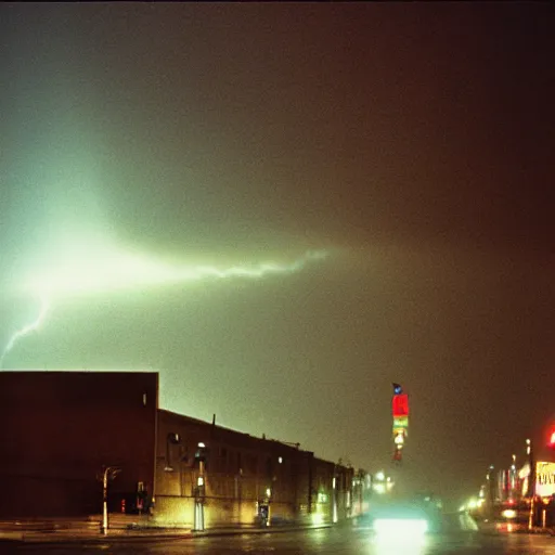 Image similar to 1990s movie , orbit space soviet city Norilsk street with many pedestrians as a loading screen , Cinestill 800t 18mm, heavy grainy picture, very detailed, high quality, 4k panoramic, dramatic lightning, streetlight at night, rain, mud, foggy, soviet flags