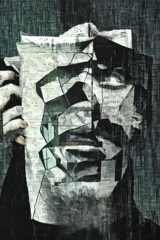 Prompt: brutal glitched painting, man reading paper and dark paint in style of neo dada, dark background, hard paint, close-up