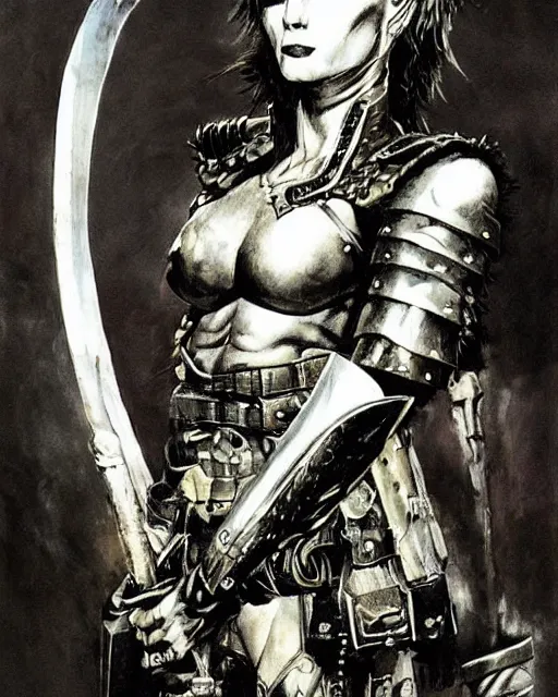 Image similar to portrait of a skinny punk goth soldier wearing armor by simon bisley, john blance, frank frazetta, fantasy, barbarian