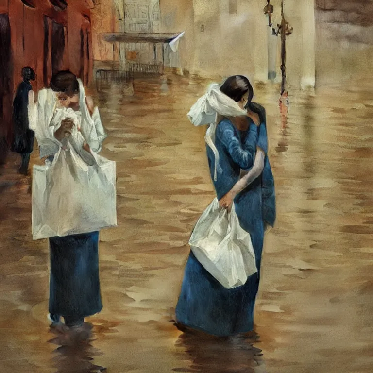 Image similar to two women hugging with a paper bag over the head dressed in plastic bags on flooded streets, highly detailed, artstation, art by, , edward hopper, Zdzislaw Beksinski, highly detailed