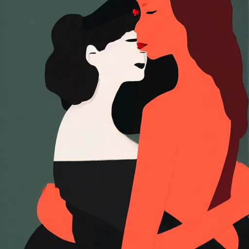 Prompt: Woman holding another woman, arm around her neck, she is Korean, the other black girl, both have red lips, wearing black veils, Edward Hopper and James Gilleard style