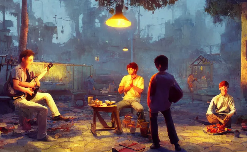 Prompt: three guys in night at the yard speaking while grilling kebabs and one guy playing guitar, light bulbs, painting by Craig Mullins, octane rendering, soft morning lighting, wide angle lens, in the style of Hayao Miyazaki, trending on artstation,