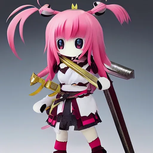 Image similar to cute fumo plush of a warrior girl, anime girl, sword weapon