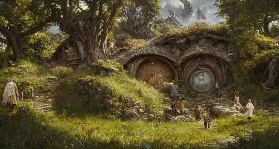 Image similar to the shire, hobbiton, lord of the rings, hobbit circle doors, intricate, elegant, highly detailed, greg rutkowski, dishonored 2, bioshock, scifi, john park, frazetta, john howe, ruan jia, jeffrey catherine jones