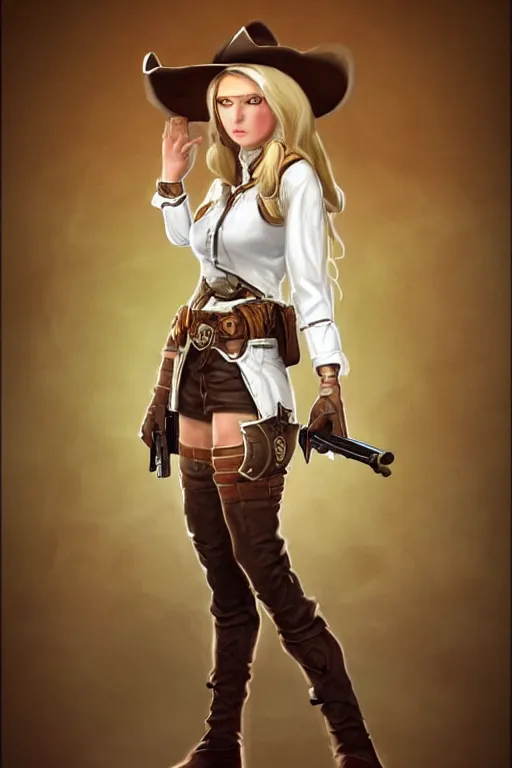 Image similar to full body, female cowgirl, perfect face, white blouse, long rifle, 8 k, magic the gathering, desert, d & d, artstation