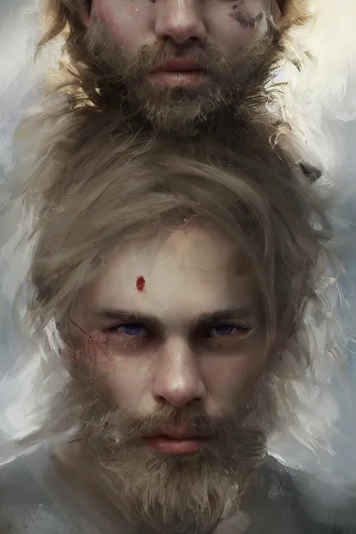 Image similar to blonde wild hair man with a little beard, one black eye - patch, close - up portrait, powerfull, intricate, elegant, volumetric lighting, scenery, digital painting, highly detailed, artstation, sharp focus, illustration, concept art, ruan jia, steve mccurry