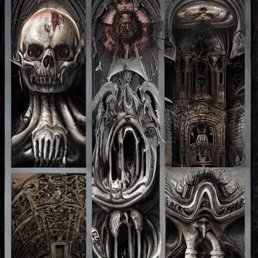 Image similar to an evolution of evil. abstract, decay, giger textures, h. r. giger infinitely complex detail, ornate cathedral interior, ghostly figure, morphing skulls