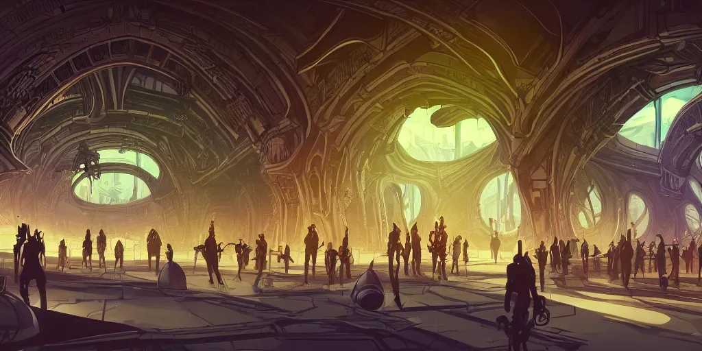 Image similar to cel shaded cinematic shot of the interior of a sci-fi space station with ornate Elven architecture bustling with people, cars, epic castle, emerald, crystalline, detailed illustration, sharp focus, concept art