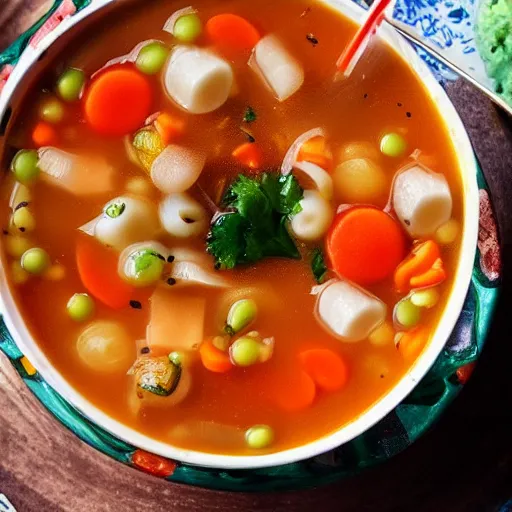 Image similar to a soup with teeth floating, food photography