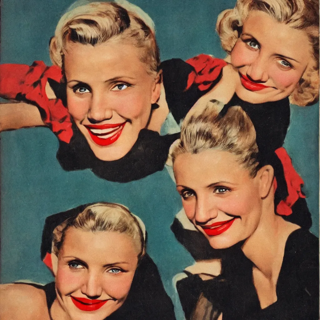 Image similar to Cameron Diaz portrait, color vintage magazine illustration 1950