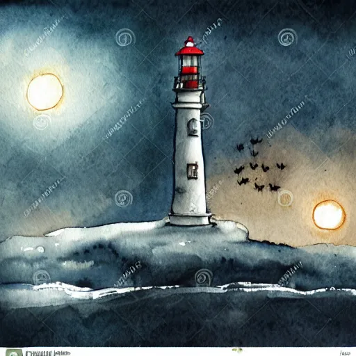 Image similar to beautiful watercolor and ink lighthouse on cloudy winter storm night, artstation, mystical