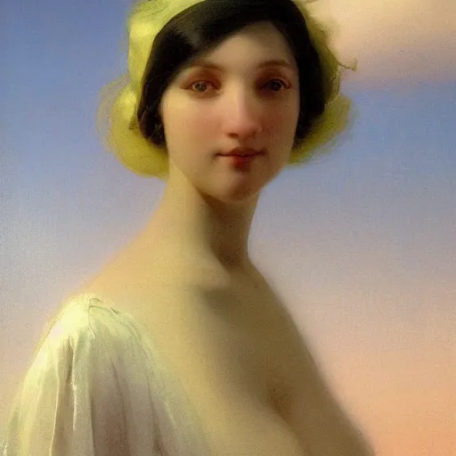 Prompt: a young woman's face, her hair is white and she wears a cobalt blue satin cloak, by ivan aivazovsky and syd mead and moebius and gaston bussiere and roger dean and pieter claesz and paul delaroche and alma tadema and aelbert cuyp and ilya repin, hyperrealistic, volumetric light, octane render