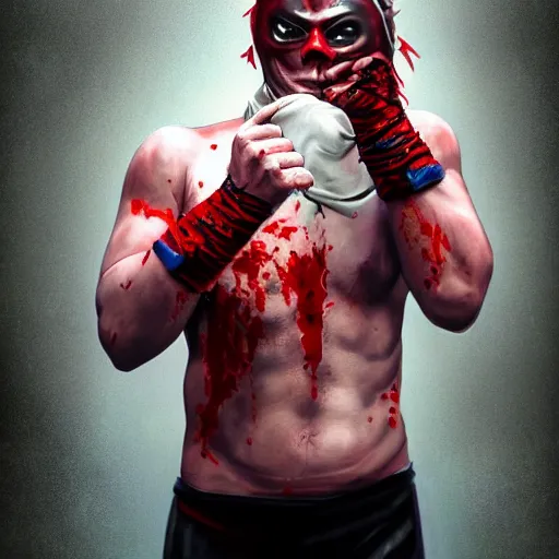 Image similar to realistic portrait photorealistic painting of bleeding young man with mask wrestler is trying to fight back. fine art, trending on artstation, smooth draw, sharp focus, digital art, bright colors.