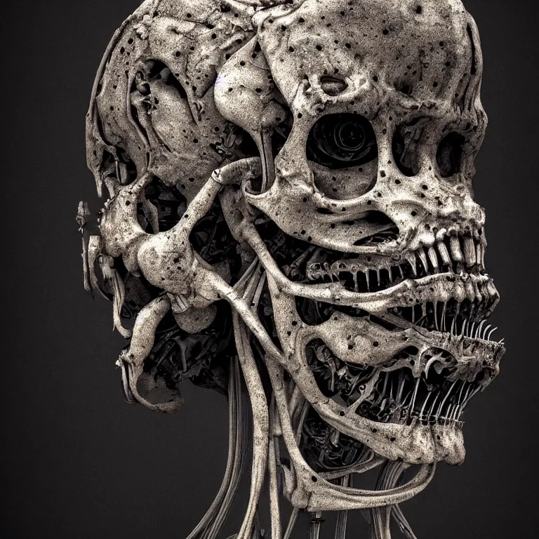 Prompt: ribbed spinal robot face portrait, baroque painting, standing in a desolate empty wasteland, creepy, nightmare, dream-like heavy atmosphere, surreal abandoned buildings, beautiful detailed intricate insanely detailed octane render trending on Artstation, 8K artistic photography, photorealistic, chiaroscuro, Raphael, Caravaggio, Beksinski, Giger