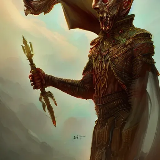 Prompt: a hyperrealistic fantasy illustration of an alien High-Priest. Trending on ArtStation. In the style of Jason Chan, Tuomas Korpi and WLOP. Epic fantasy art. Terry Pratchett