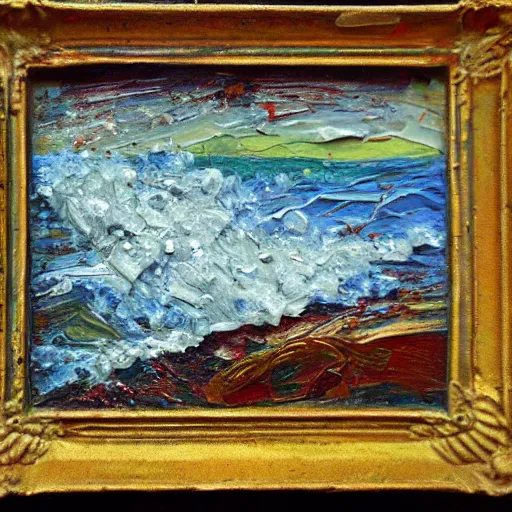 Image similar to oil paint impasto relief, beautiful very rough sea, multi layered thick brush marks, some splattered paint, in the style of ivan shishkin and frank auerbach and van gogh and rene lalique