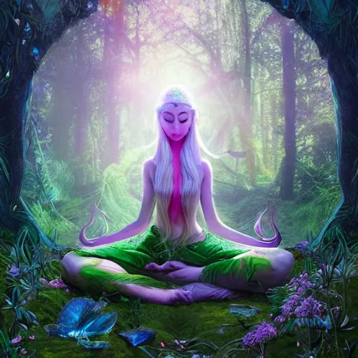 Prompt: elven princess meditating in forest, magical flowers, surrounded by fairies, beautiful face, wisps, surreal, surrealist art, photo, trending on artstation, ultra detailed, intricate, sacred geometry, serene, beautiful, photo, realistic, perfect, smooth, light shafts, light diffusion, chromatic aberration, moebius, by moebius, peter mohrbacher, eye contact, symmetry, magical princess, liquid, flowing, misty forest