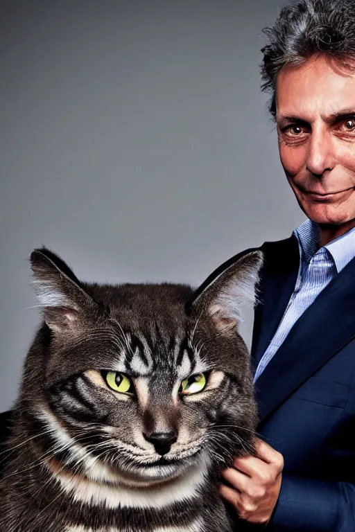 Image similar to Mauricio Macri with an angry cat in his hand in Elaborate Joker Makeup and prosthetics designed by Rick Baker, Hyperreal, Head Shots Photographed in the Style of Annie Leibovitz, Studio Lighting