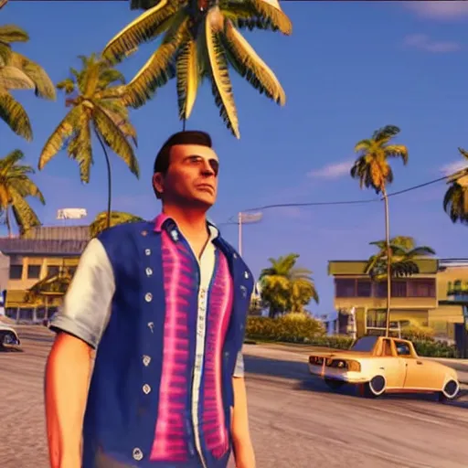 Prompt: Tommy Vercetti in Grand Theft Auto 6, still from official trailer, 4K, he wears his iconic blue hawaiian shirt