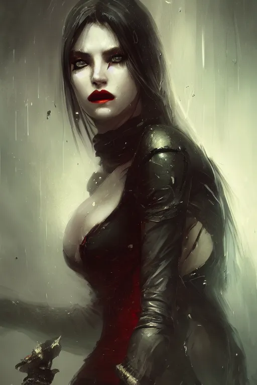 Image similar to A portrait of an attractive women vampire by Greg Rutkowski, Sung Choi, Mitchell Mohrhauser, Maciej Kuciara, Johnson Ting, Maxim Verehin, Peter Konig, Bloodborne, 8k photorealistic, cinematic lighting, HD, high details, dramatic, dark atmosphere, trending on artstation