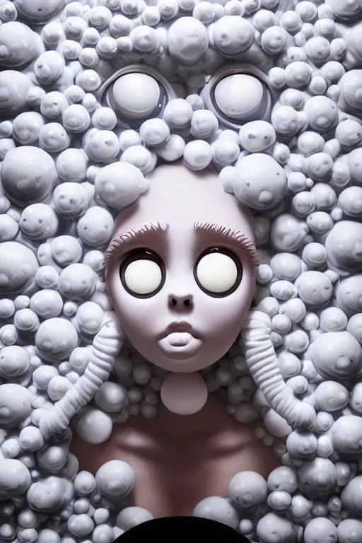 Prompt: full head and shoulders, beautiful porcelain female person, mixed with three giant frog spawn eyes, smooth, delicate facial features, white detailed eyes, white lashes, 3 d white shiny thick, larg tentacles and eyeballs, background is an empty art gallery, by daniel arsham and james jean, featured in pictoplasma