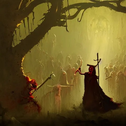 Prompt: a happy jester plays the harp for a crowd of zombies, concept art, by greg Rutkowski