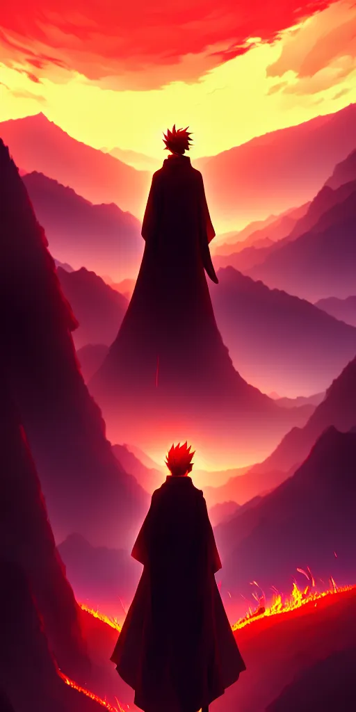 Prompt: a demonic figure obscured by fire. mountains in background, by nashimanga, anime illustration, anime key visual, beautiful anime - style digital painting by wlop, amazing wallpaper