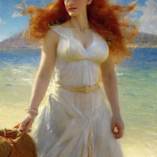 Image similar to detailed cinematic shot of jessica chastain with white clothes in the mediterranean beach, spring light, painting by gaston bussiere, craig mullins, j. c. leyendecker