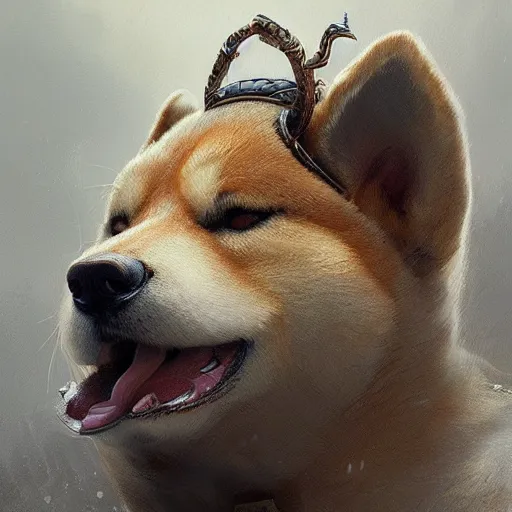 Image similar to detailed photorealistic painting of shiba inu wearing a highly detailed ornamented bronze viking helmet with two horns on head, sharp focus in the style of ruan jia, Mandy jurgens, cinematic light, concept art, trending on artstation, ultra realistic