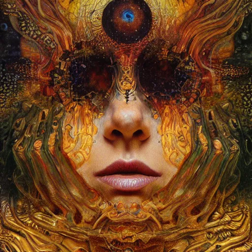 Image similar to Visions of Hell by Karol Bak, Jean Deville, Gustav Klimt, and Vincent Van Gogh, nightmare portrait, infernal, visionary, otherworldly, fractal structures, ornate gilded medieval icon, third eye, hellfire, stygian, spirals