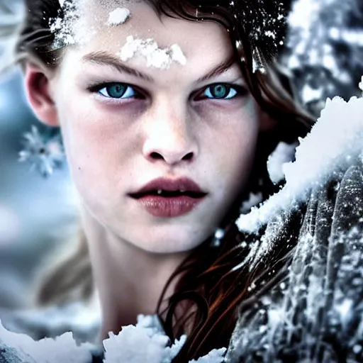 Image similar to Young Milla Jovovich as a snow goddess covered in snow, grungy, unkept hair, glowing eyes, winter, modelsociety, radiant skin, huge anime eyes, RTX on, bright on black, dramatic, studio lighting, perfect face, intricate, Sony a7R IV, symmetric balance, polarizing filter, Photolab, Lightroom, 4K, Dolby Vision, Photography Award